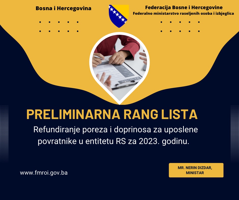 PRELIMINARNA LISTA KORISNIKA – Javni poziv za refundiranje troškova poreza i doprinosa za uposlene povratnike na području entiteta Republika Srpska u 2023. godini