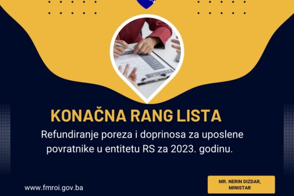 KONAČNA RANG LISTA potencijalnih korisnika po Javnom pozivu za refundiranje troškova poreza i doprinosa za uposlene povratnike na području entiteta Republika Srpska u 2023. godini