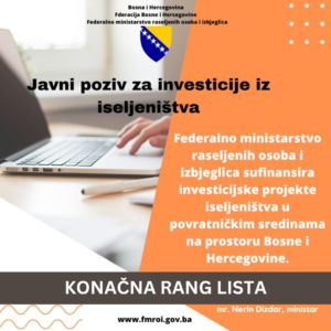 KONAČNA RANG LISTA aplikanata po osnovu Javnog poziva za podnošenje prijava za sufinansiranje investicijskih projekata iseljeništva u povratničkim sredinama na prostoru Bosne i Hercegovine