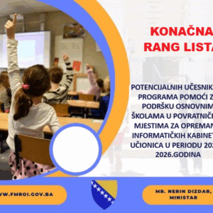 KONAČNA RANG LISTA potencijalnih učesnika iz programa pomoći za podršku osnovnim školama u povratničkim mjestima za opremanje informatičkih kabineta –učionica u periodu 2025. i 2026.godine na prostoru Bosne i Hercegovine
