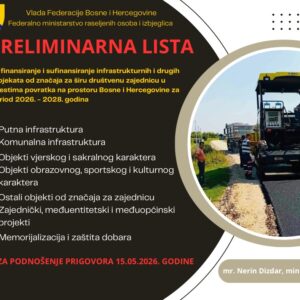 PRELIMINARNA ODLUKA – Javni poziv za finansiranje i sufinansiranje infrastrukturnih i drugih projekata od značaja za širu društvenu zajednicu u mjestima povratka na prostoru Bosne i Hercegovine za period 2026. – 2028. godina