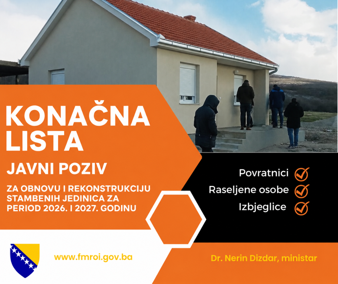 KONAČNA LISTA POTENCIJALNIH KORISNIKA po osnovu Javnog poziva izbjeglicama, raseljenim licima i povratnicima u Bosni i Hercegovini za obnovu i rekonstrukciju stambenih jedinica za period 2026. i 2027. godine