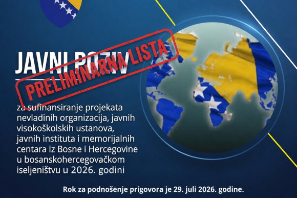 PRELIMINARNA LISTA – Javni poziv za sufinansiranje projekata nevladinih organizacija, javnih visokoškolskih ustanova, javnih instituta i memorijalnih centara u 2026. godini PRELIMINARNA LISTA – Javni poziv za sufinansiranje projekata nevladinih organizacija, javnih visokoškolskih ustanova, javnih instituta i memorijalnih centara u 2026. godini