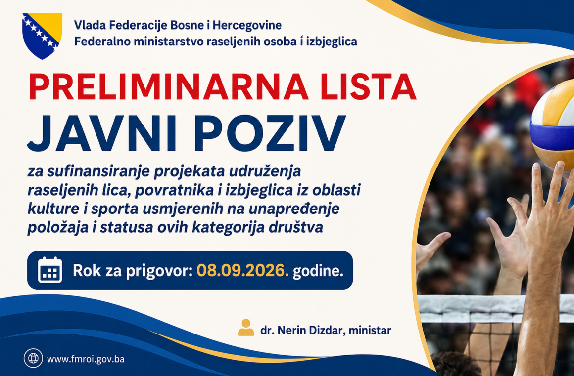 PRELIMINARNA LISTA KORISNIKA za sufinansiranje projekata udruženja raseljenih lica, povratnika i izbjeglica iz oblasti kulture i sporta usmjerenih na unapređenje položaja i statusa ovih kategorija društva na području Bosne i Hercegovine