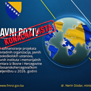 KONAČNA LISTA – Javni poziv za sufinansiranje projekata nevladinih organizacija, javnih visokoškolskih ustanova, javnih instituta i memorijalnih centara u 2026. godini